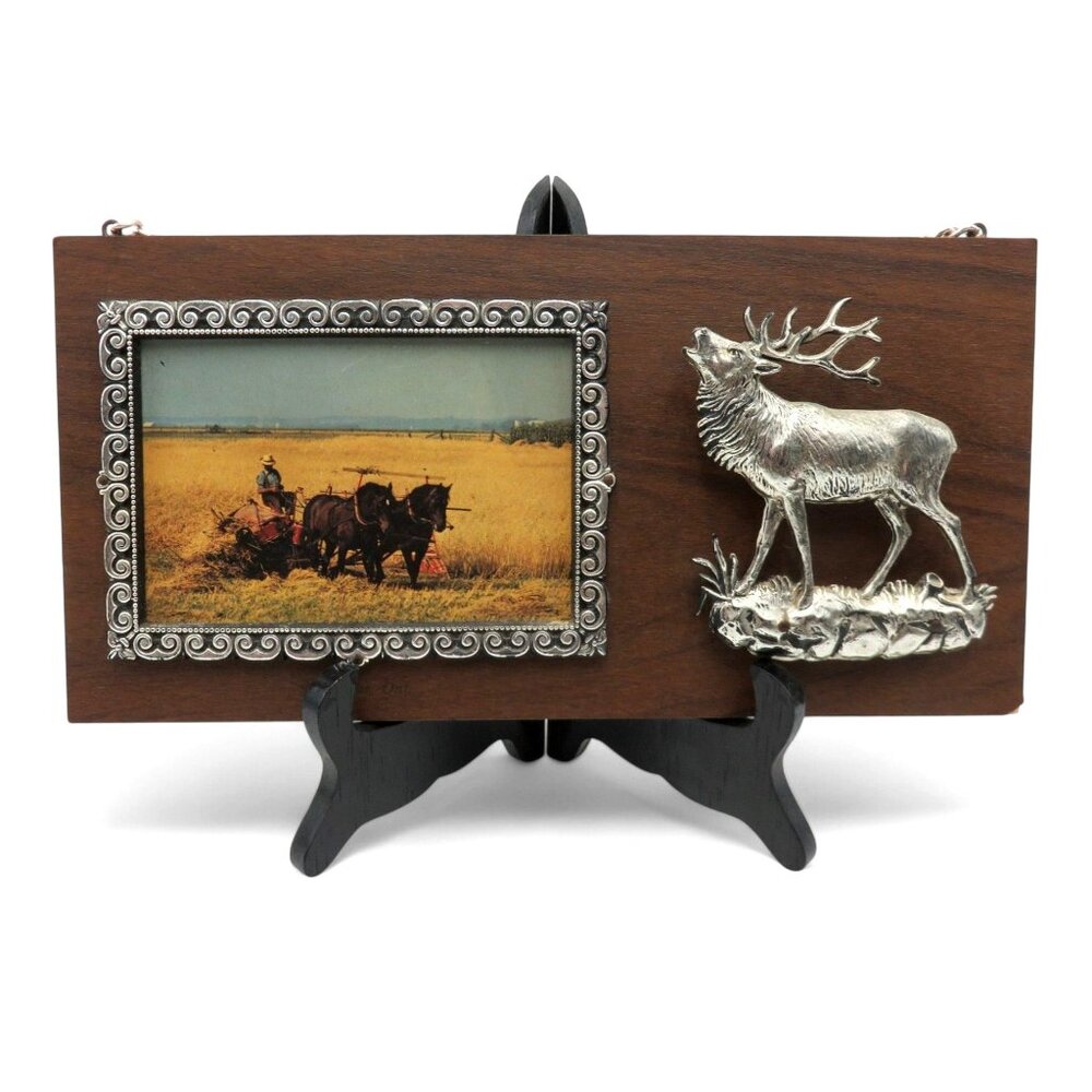 WOOD PLAQUE With Silver Elk Figurine and Framed Horse Scene Canada Vintage 12 In